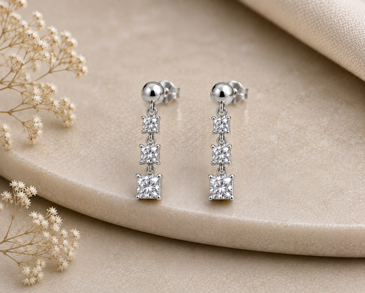 Moissanite Drop Earrings, 925 Sterling Silver Square Three Stone Dangles