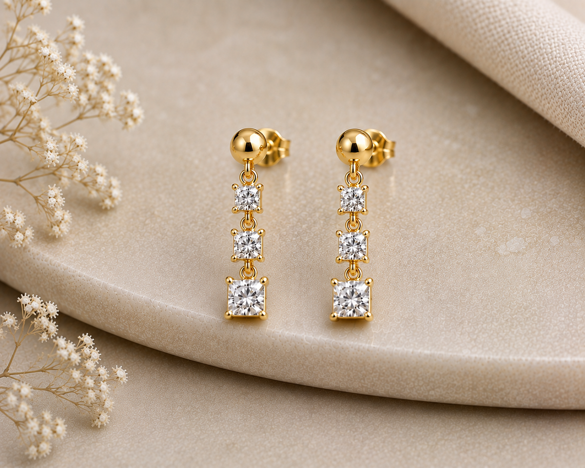 Moissanite Drop Earrings, 925 Sterling Silver Square Three Stone Dangles