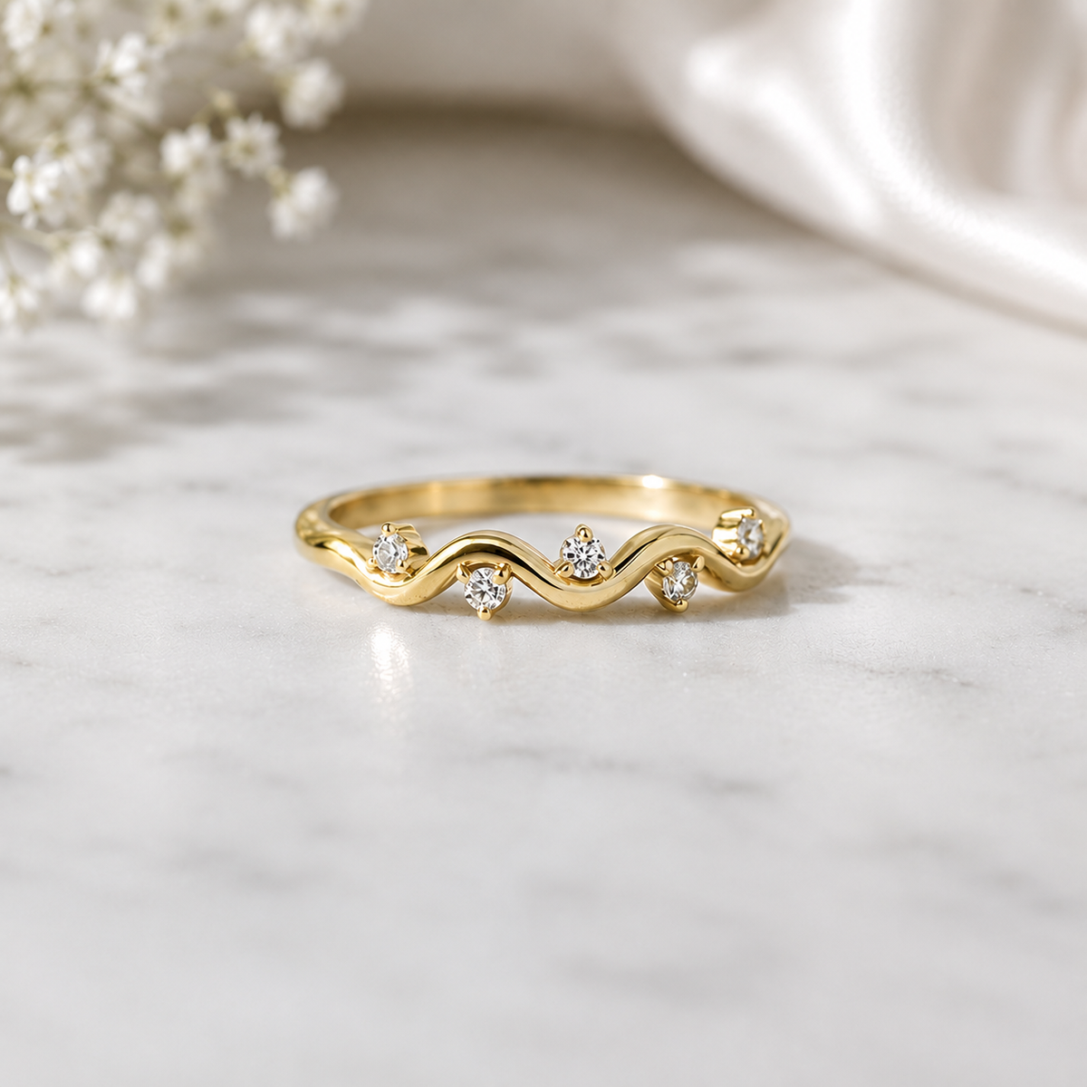 925 Silver Moissanite Ring, Wave Band Ring, Minimalist Stacking Ring, Dainty Wedding Band, Gift for Her