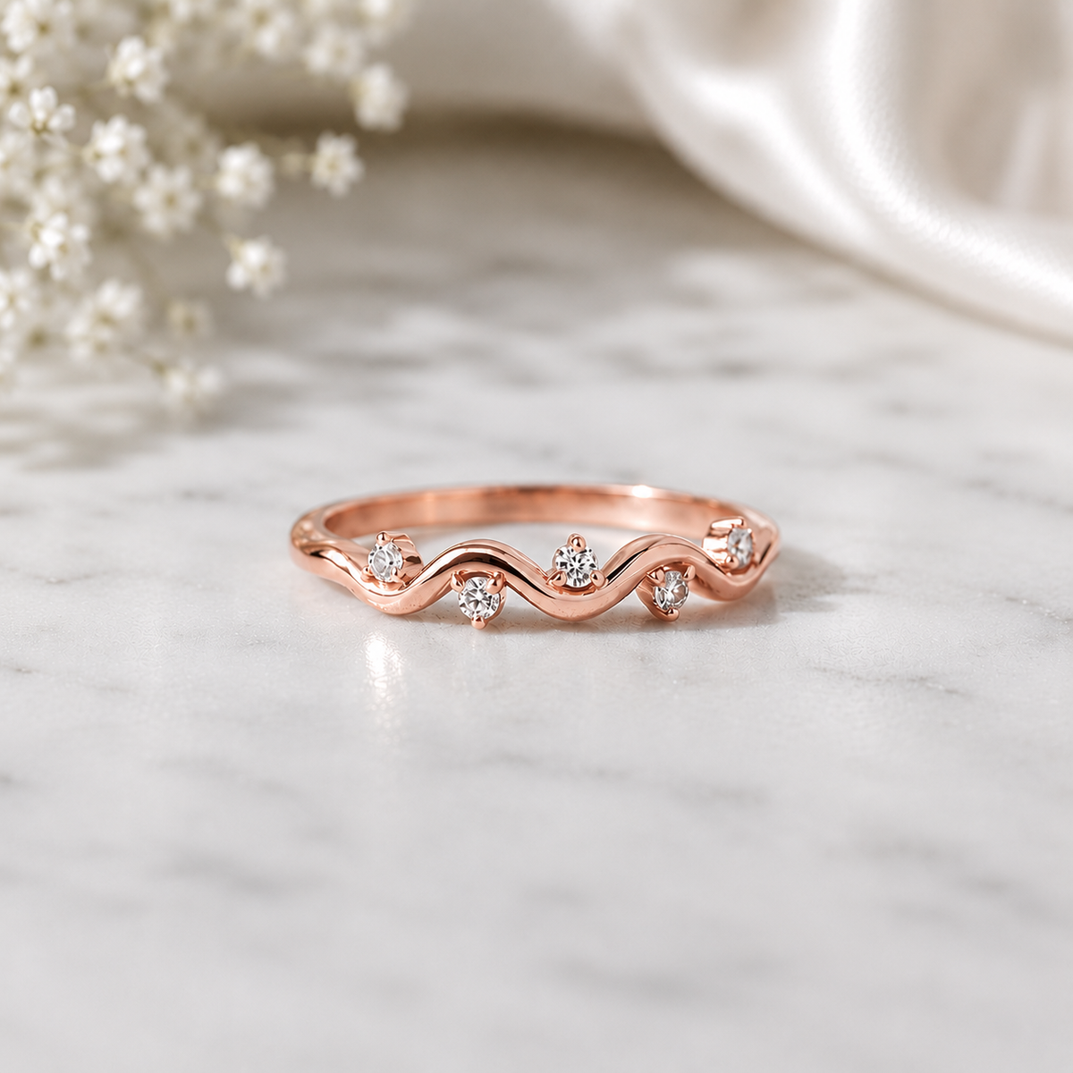 925 Silver Moissanite Ring, Wave Band Ring, Minimalist Stacking Ring, Dainty Wedding Band, Gift for Her