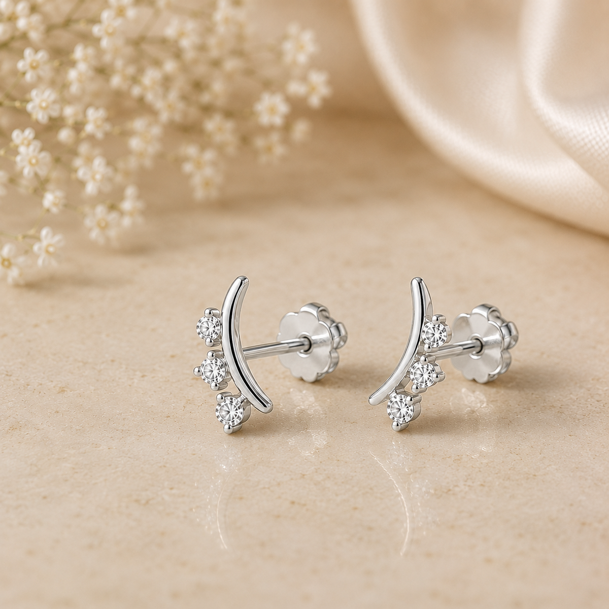 925 Silver CZ Crescent Stud Earrings, Minimalist Cubic Zirconia Earrings, Dainty Moon Earrings, Everyday Jewelry
