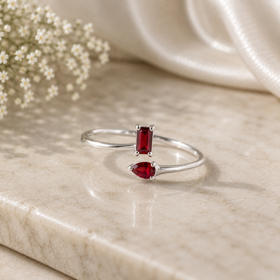 Red CZ Ring 925 Sterling Silver, Open Bypass Ring, Pear & Emerald Cut Ring, Minimalist Statement Ring, Gift for Her