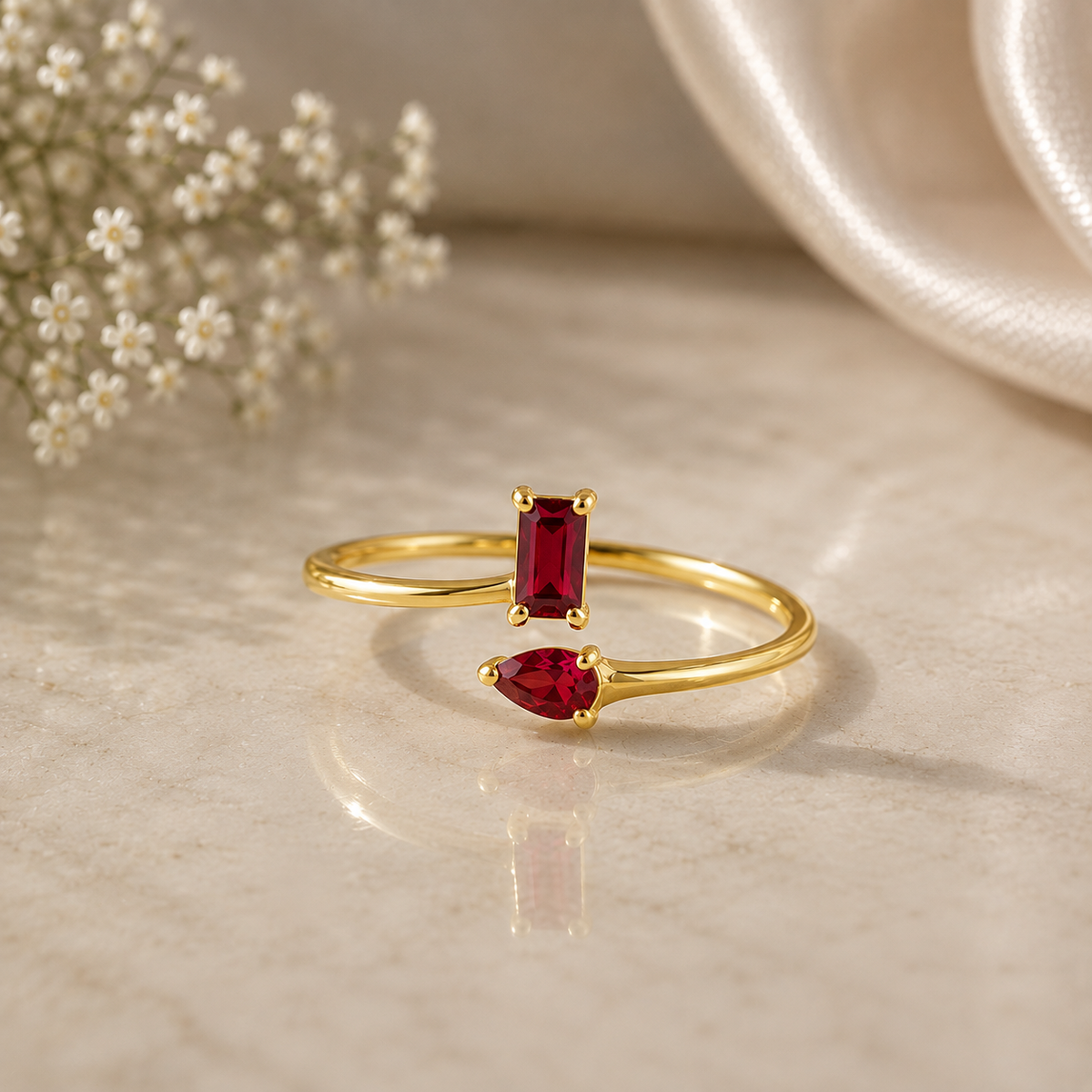 Red CZ Ring 925 Sterling Silver, Open Bypass Ring, Pear & Emerald Cut Ring, Minimalist Statement Ring, Gift for Her