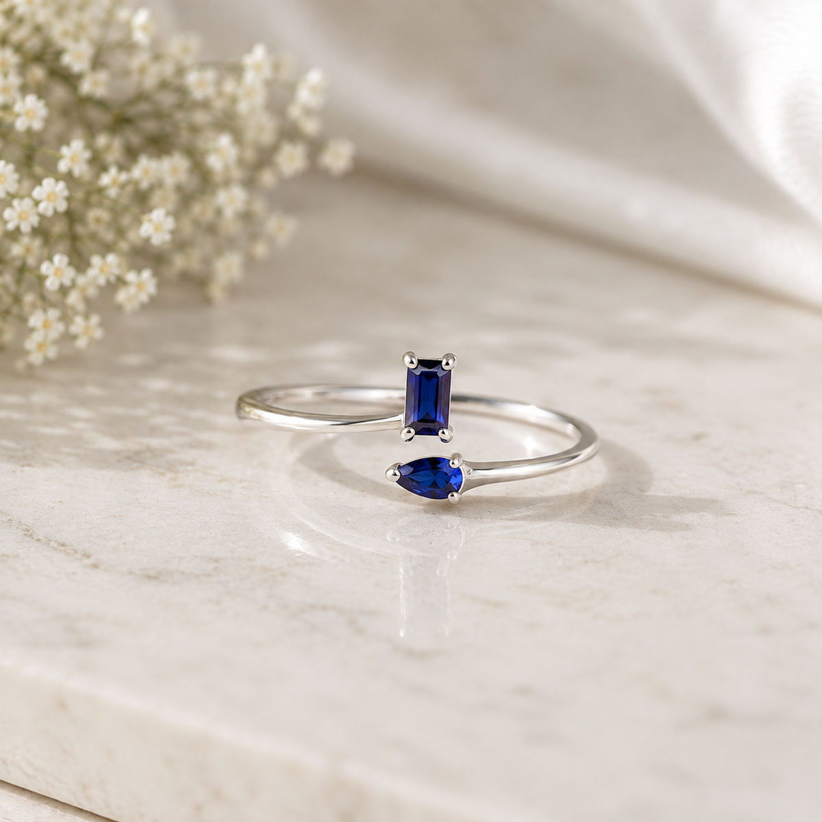 925 Sterling Silver Blue CZ Open Ring, Adjustable Statement Ring, Minimalist Gemstone Ring, Modern Gift for Her