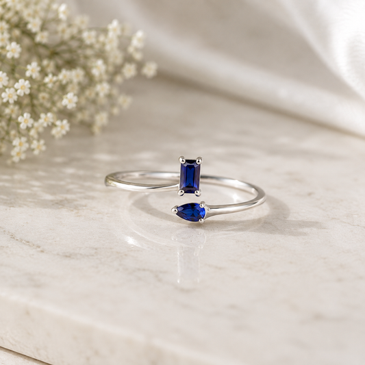 925 Sterling Silver Blue CZ Open Ring, Adjustable Statement Ring, Minimalist Gemstone Ring, Modern Gift for Her