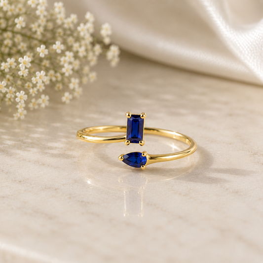 925 Sterling Silver Blue CZ Open Ring, Adjustable Statement Ring, Minimalist Gemstone Ring, Modern Gift for Her