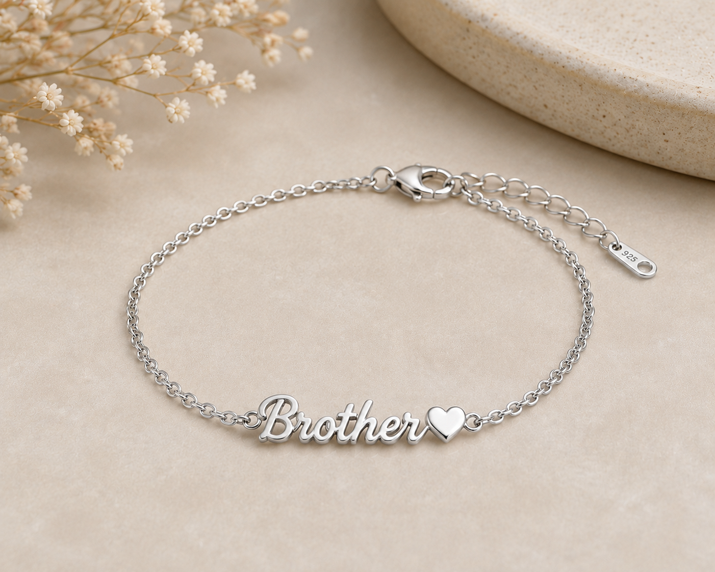 Sterling Silver Brother Name Bracelet with Heart Accent, Minimalist Handmade Jewelry