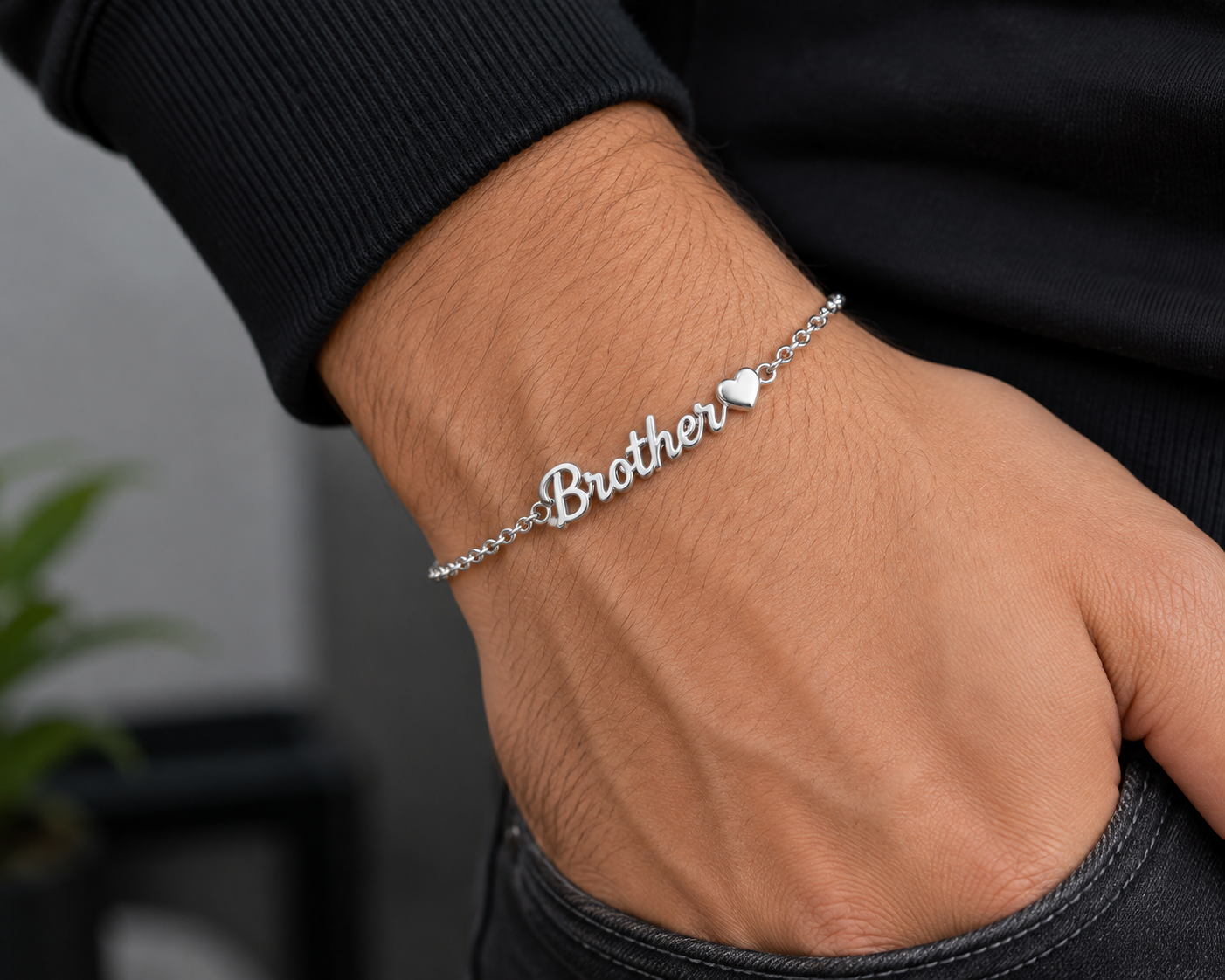 Sterling Silver Brother Name Bracelet with Heart Accent, Minimalist Handmade Jewelry