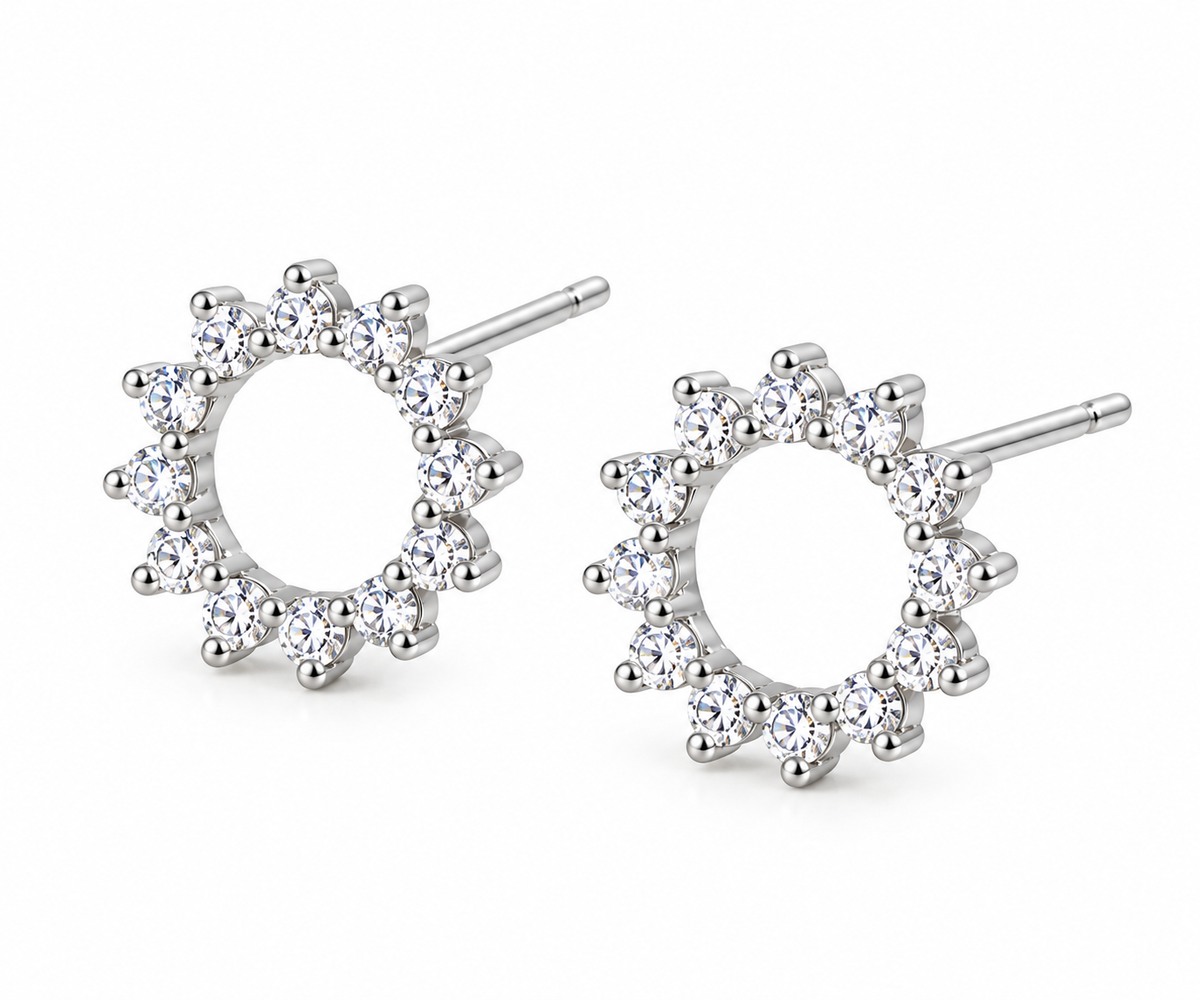 Cubic Zirconia Stud Earrings, 925 Sterling Silver Flower Halo Earrings