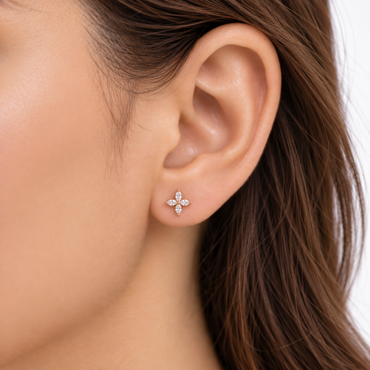 CZ Flower Stud Earrings, 925 Sterling Silver, Marquise Cut Floral Earrings