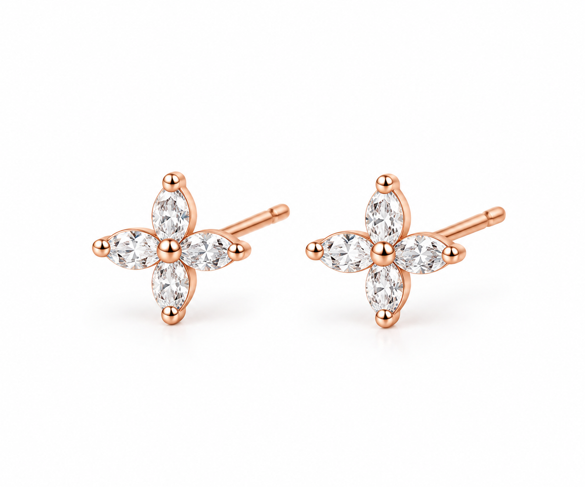 CZ Flower Stud Earrings, 925 Sterling Silver, Marquise Cut Floral Earrings