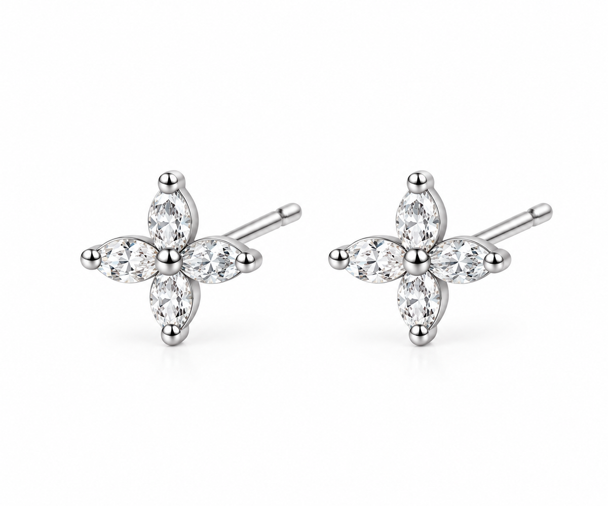 CZ Flower Stud Earrings, 925 Sterling Silver, Marquise Cut Floral Earrings