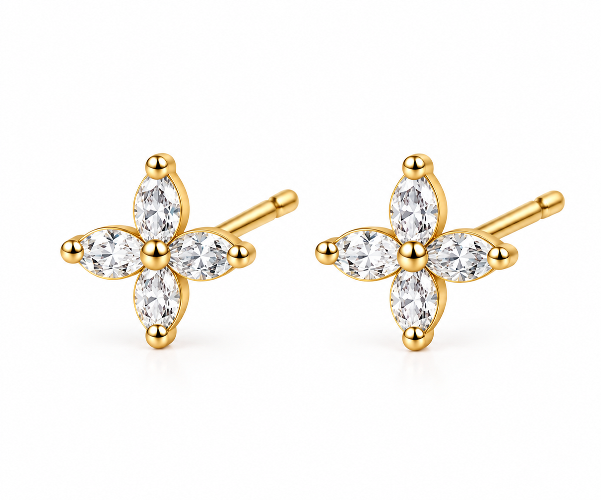 CZ Flower Stud Earrings, 925 Sterling Silver, Marquise Cut Floral Earrings