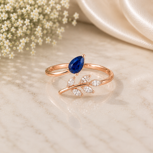 Blue CZ Leaf Ring, 925 Sterling Silver Open Ring | Pear Cut Gemstone Ring | Botanical Jewelry | Nature Inspired Gift for Her