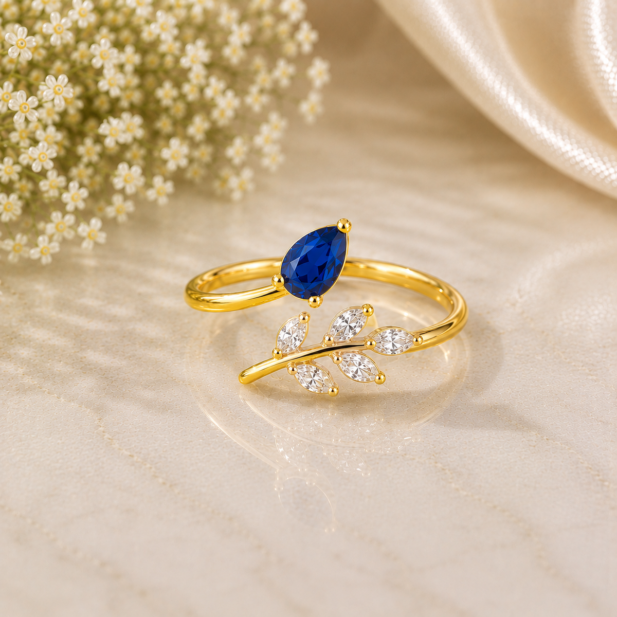 Blue CZ Leaf Ring, 925 Sterling Silver Open Ring | Pear Cut Gemstone Ring | Botanical Jewelry | Nature Inspired Gift for Her