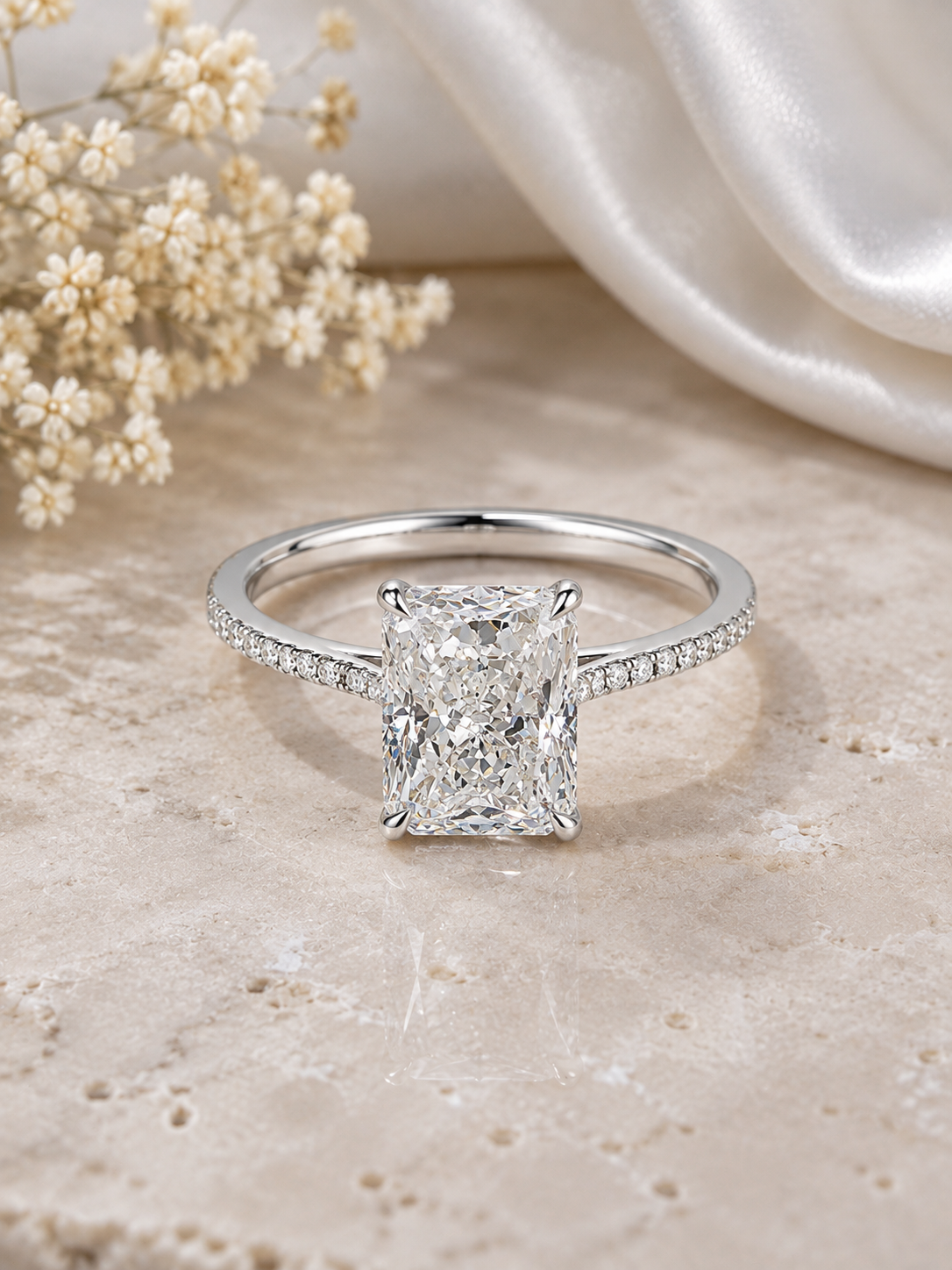 Moissanite Engagement Ring | 925 Sterling Silver Ring | Radiant Cut Bridal Ring | Pave Band | Statement Wedding Ring | Gift for Her