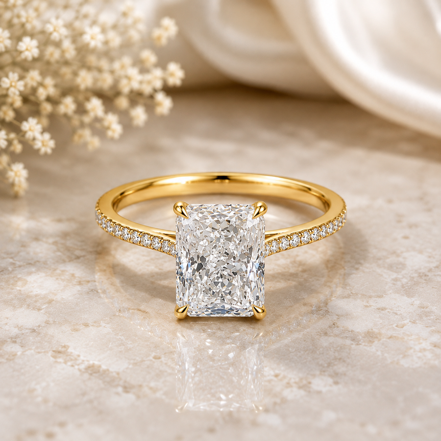 Moissanite Engagement Ring | 925 Sterling Silver Ring | Radiant Cut Bridal Ring | Pave Band | Statement Wedding Ring | Gift for Her