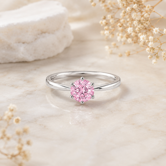 Pink Round Moissanite | Engagement Ring | 925 Sterling Silver Ring | 6 Prong Solitaire Ring | Minimalist Bridal Gift