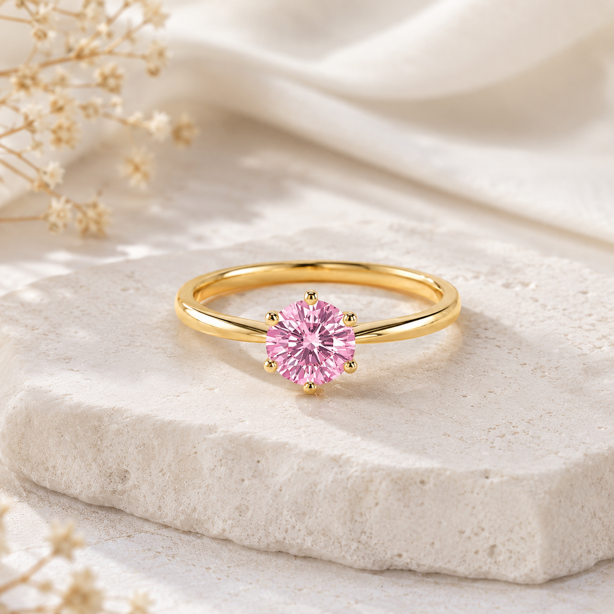 Pink Round Moissanite | Engagement Ring | 925 Sterling Silver Ring | 6 Prong Solitaire Ring | Minimalist Bridal Gift