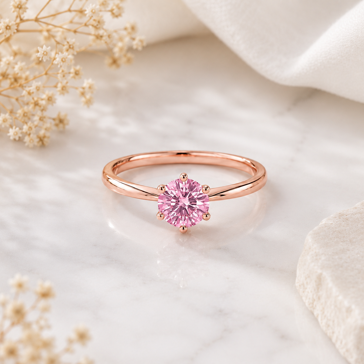 Pink Round Moissanite | Engagement Ring | 925 Sterling Silver Ring | 6 Prong Solitaire Ring | Minimalist Bridal Gift
