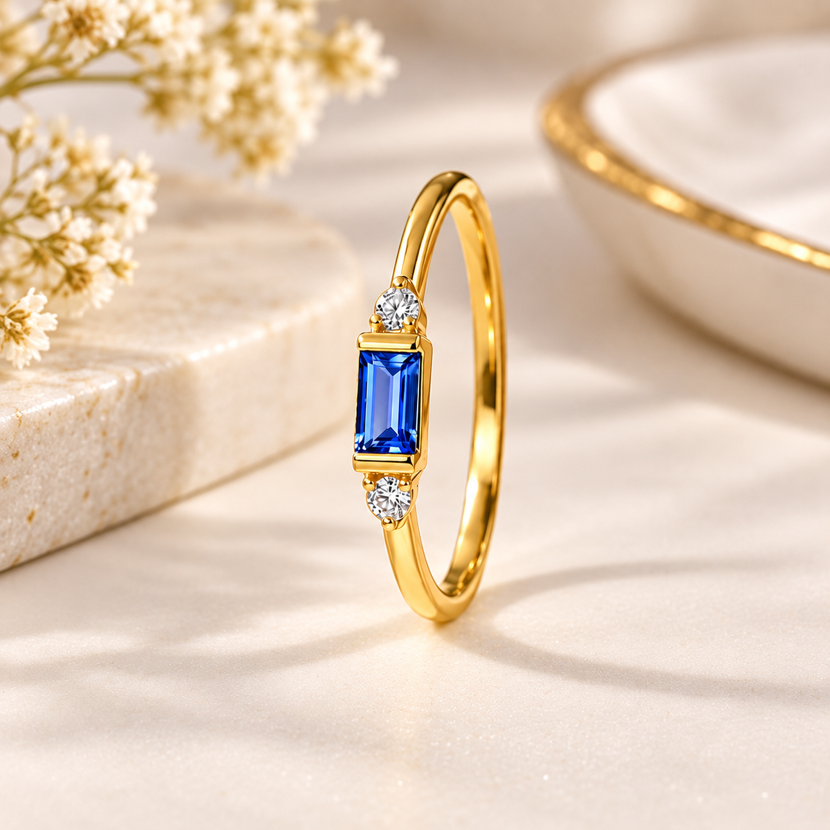 Blue Moissanite Ring, 925 Sterling Silver, Emerald Cut Three Stone Bridal Ring