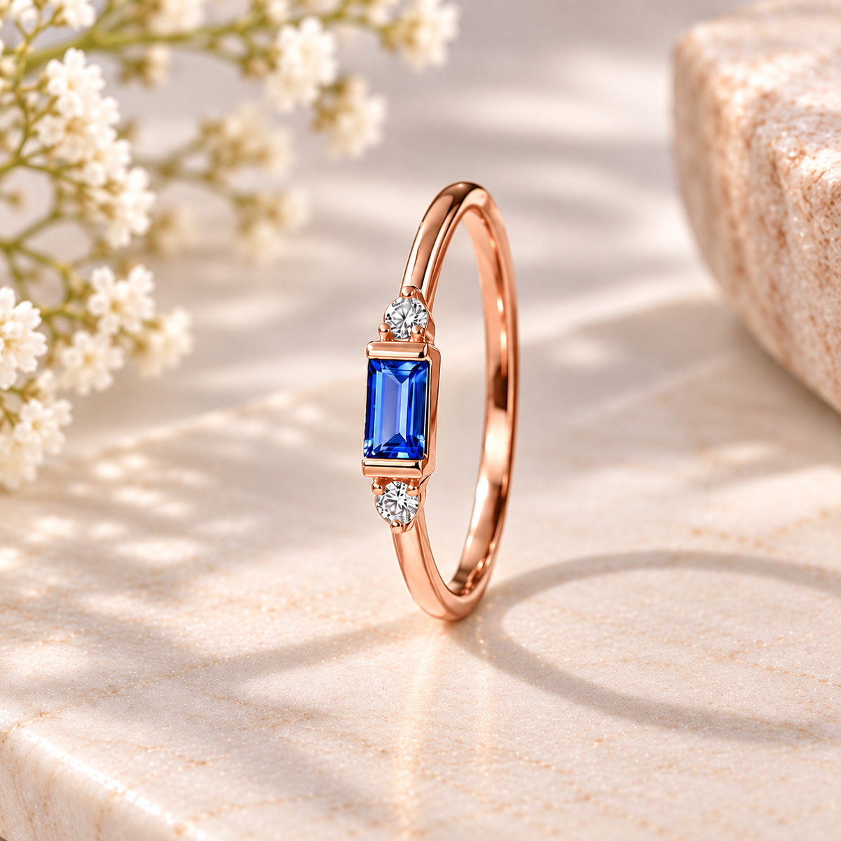 Blue Moissanite Ring, 925 Sterling Silver, Emerald Cut Three Stone Bridal Ring