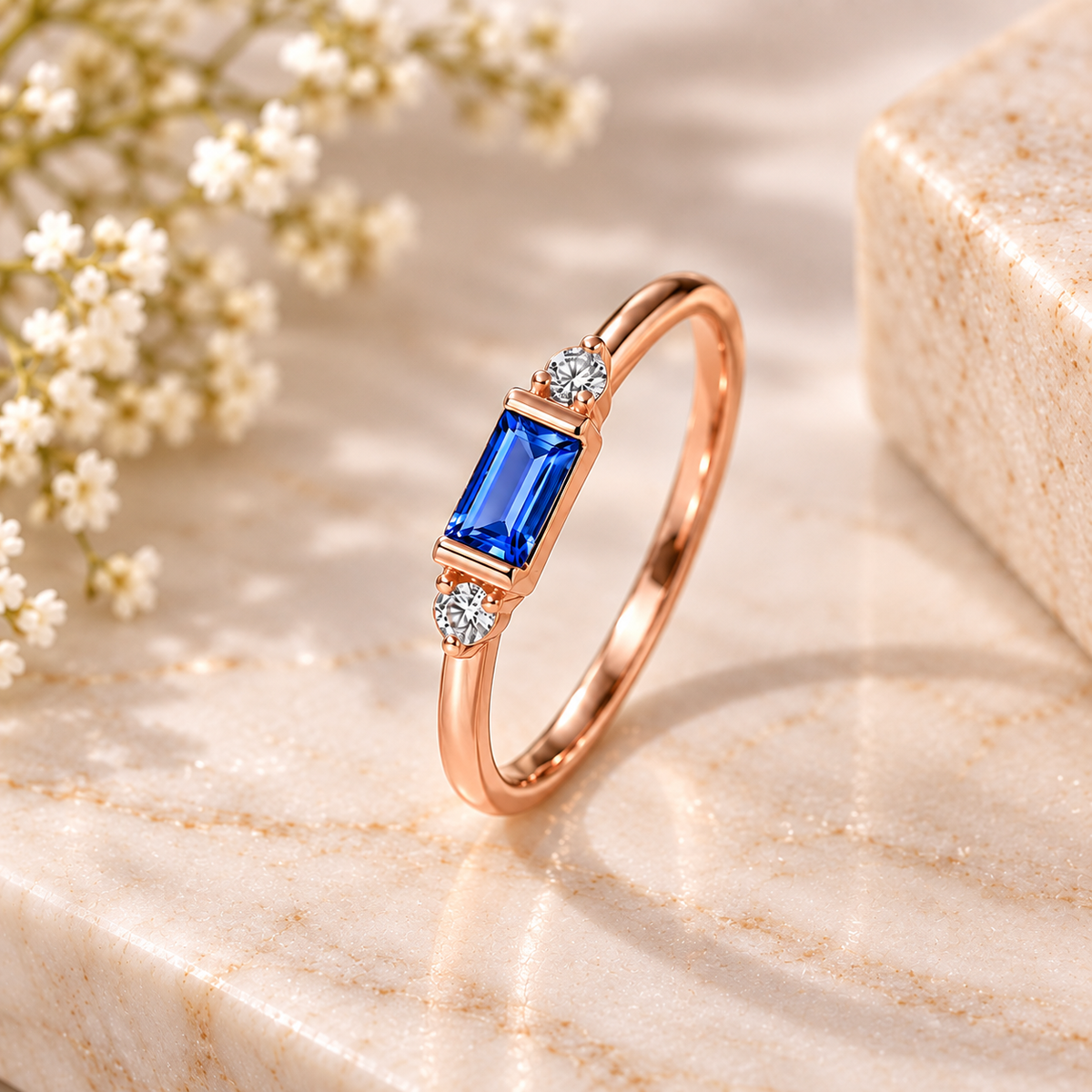 Blue Moissanite Ring, 925 Sterling Silver, Emerald Cut Three Stone Bridal Ring