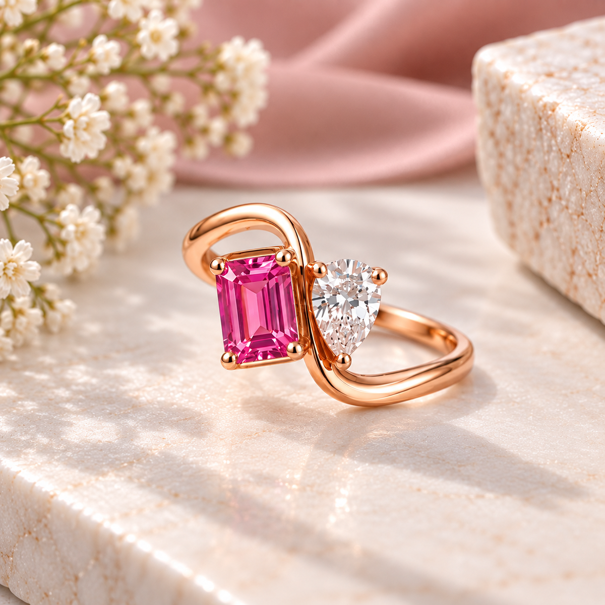 Pink Moissanite Ring, 925 Sterling Silver Bypass Ring, Pear Emerald Cut