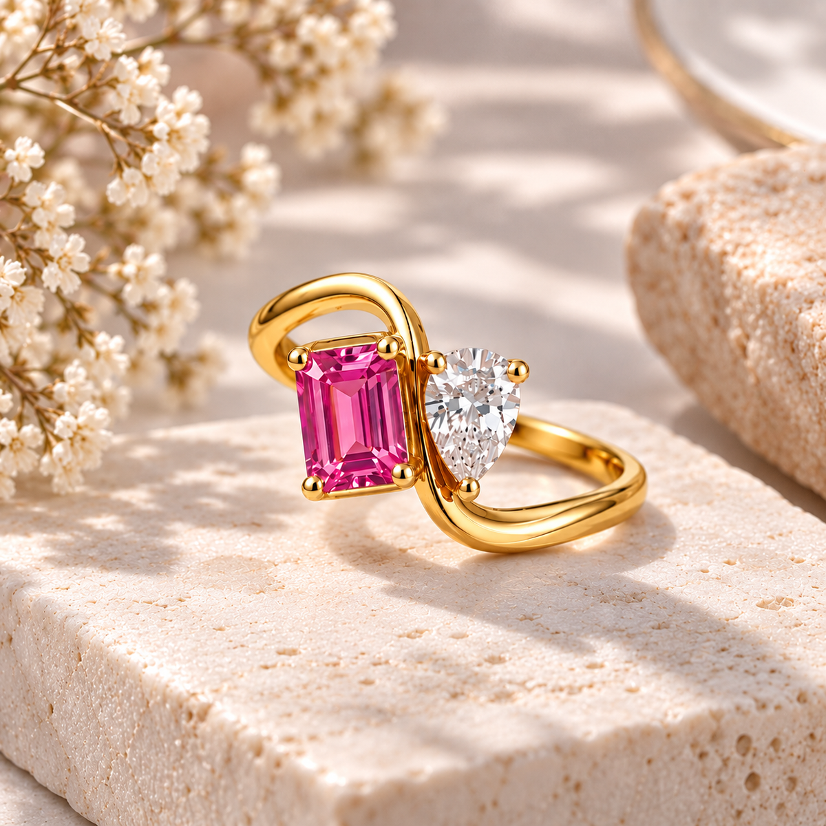 Pink Moissanite Ring, 925 Sterling Silver Bypass Ring, Pear Emerald Cut