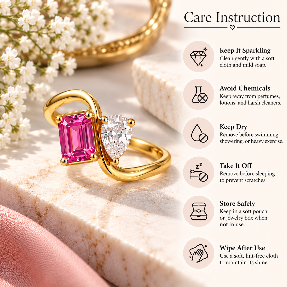 Pink Moissanite Ring, 925 Sterling Silver Bypass Ring, Pear Emerald Cut