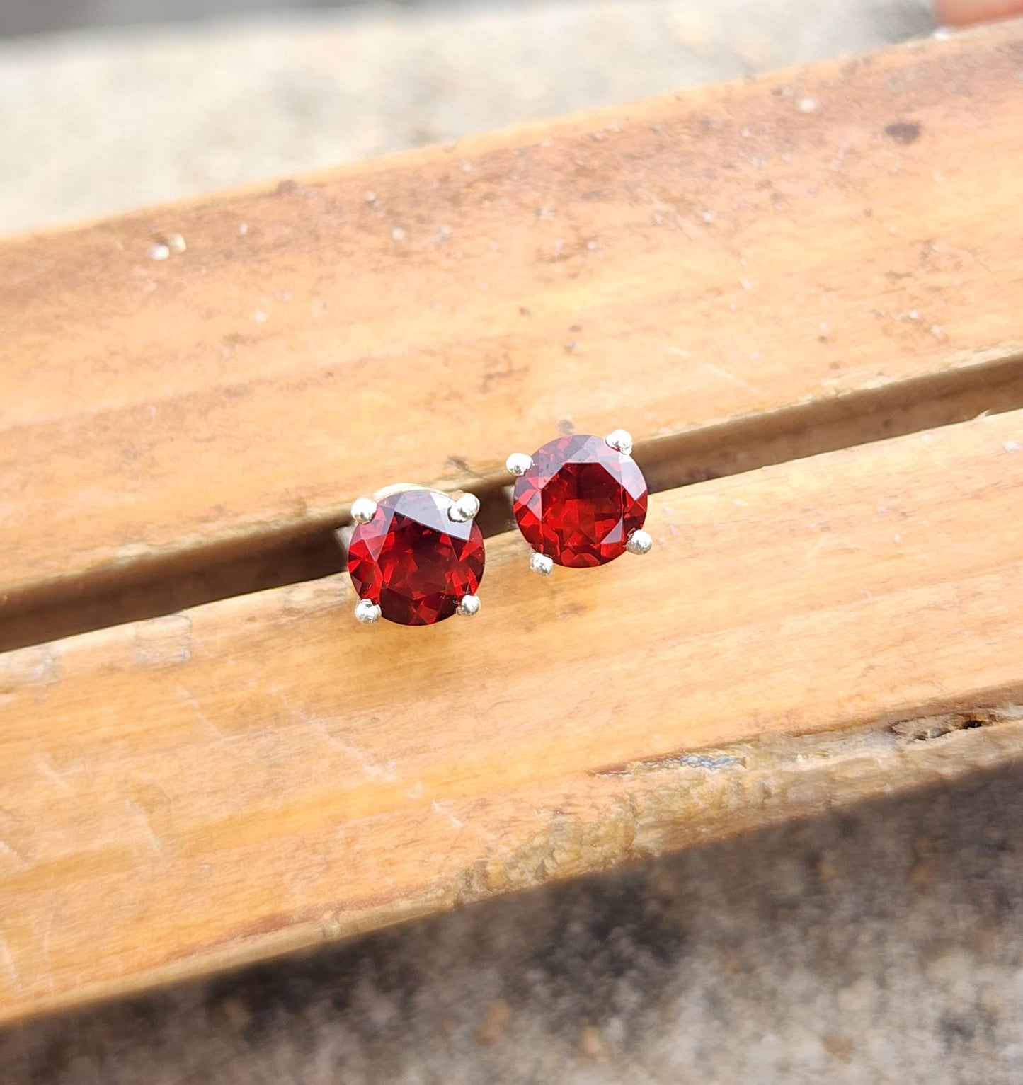 Garnet Stud Earrings Sterling Silver 925 | January Birthstone Jewelry | Red Gemstone Dainty Earrings Gift