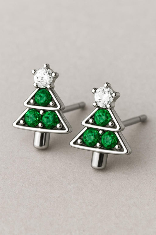 Sterling Silver 925 Christmas Tree Stud Earrings: Green & white CZ Gemstone Holiday Jewelry