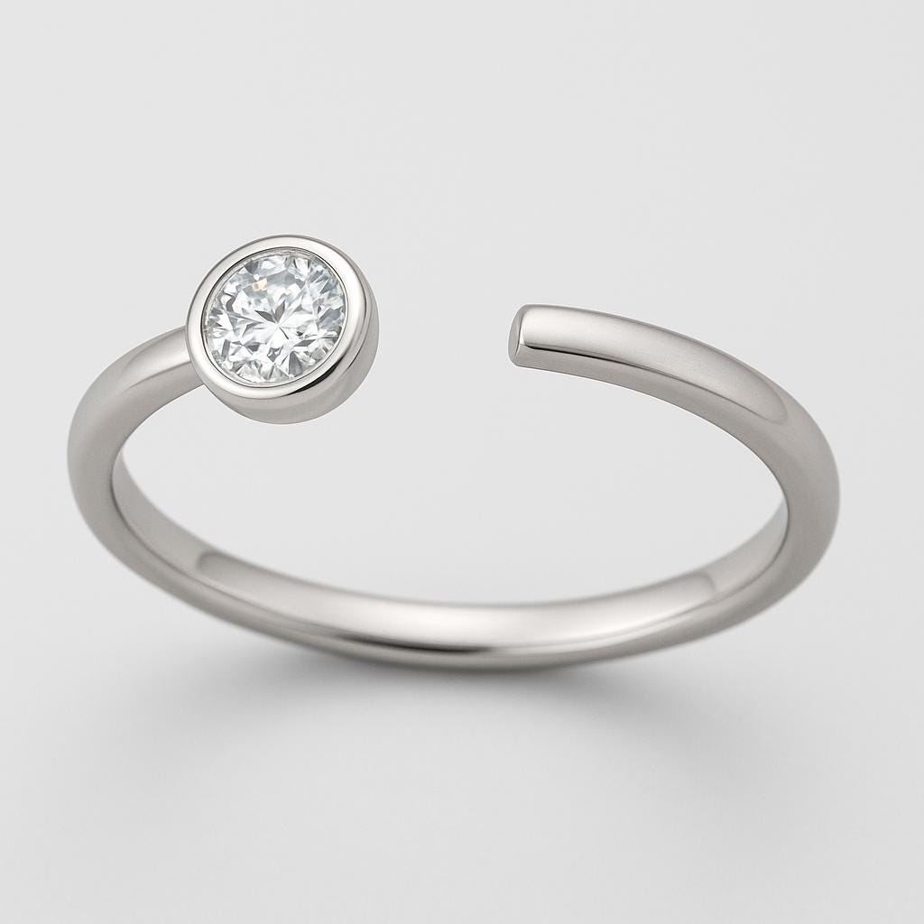 Dainty Sterling Silver Moissanite Ring - Adjustable Open Band Promise Ring