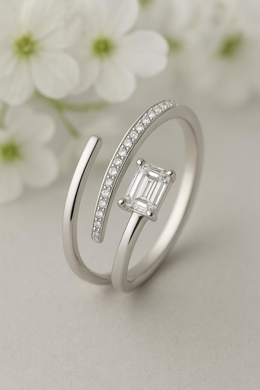 Sterling Silver CZ Emerald Cut Bypass Ring: Adjustable Statement Jewelry
