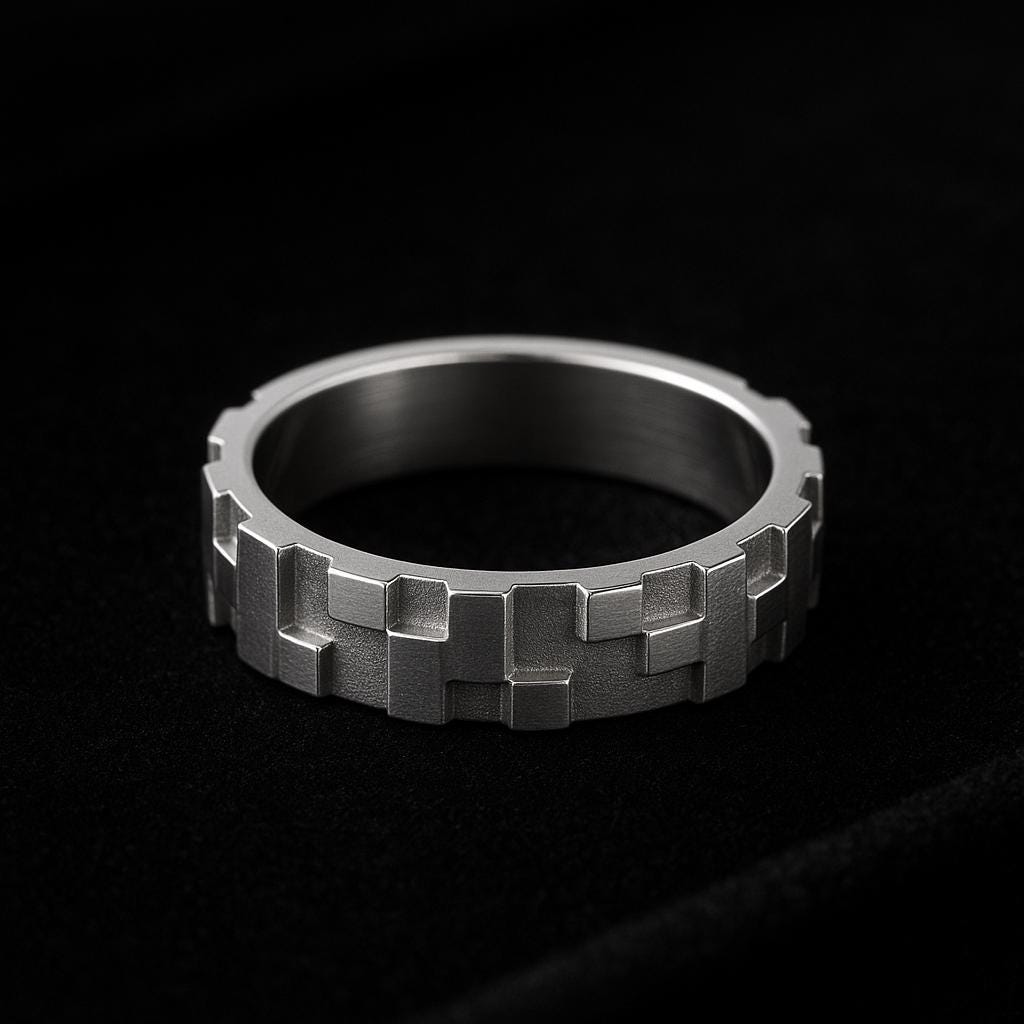 Sterling Silver Pixel Band Ring – Modern Flat Shank Textured Cut Out Statement Jewelry