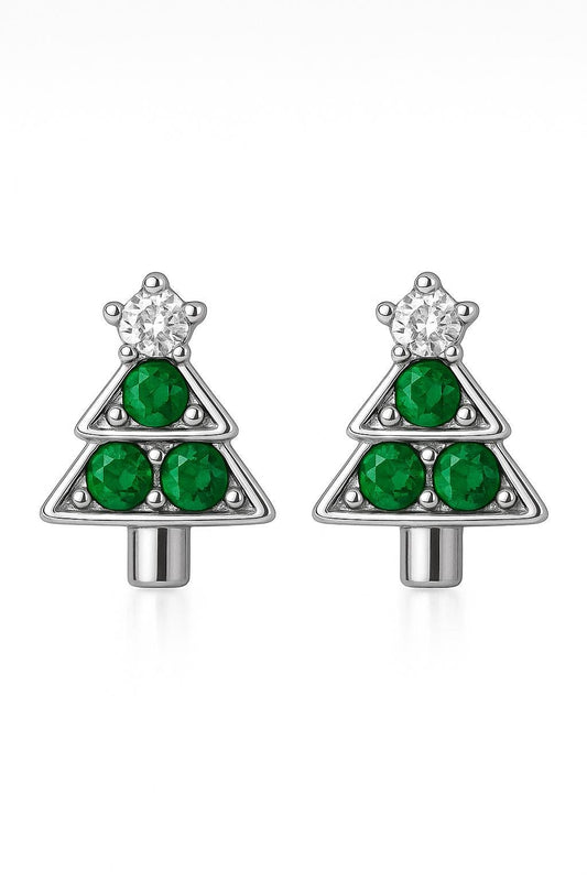 Sterling Silver 925 Christmas Tree Stud Earrings: Green & white CZ Gemstone Holiday Jewelry