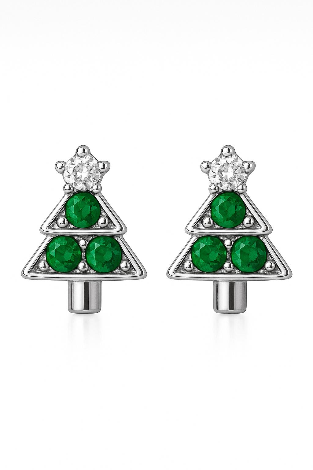 Sterling Silver 925 Christmas Tree Stud Earrings: Green & white CZ Gemstone Holiday Jewelry