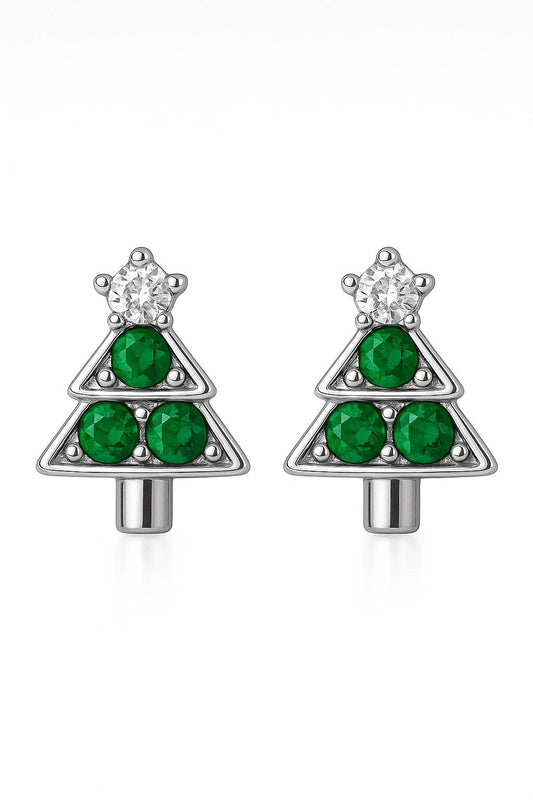 Sterling Silver 925 Christmas Tree Stud Earrings: Green & white CZ Gemstone Holiday Jewelry