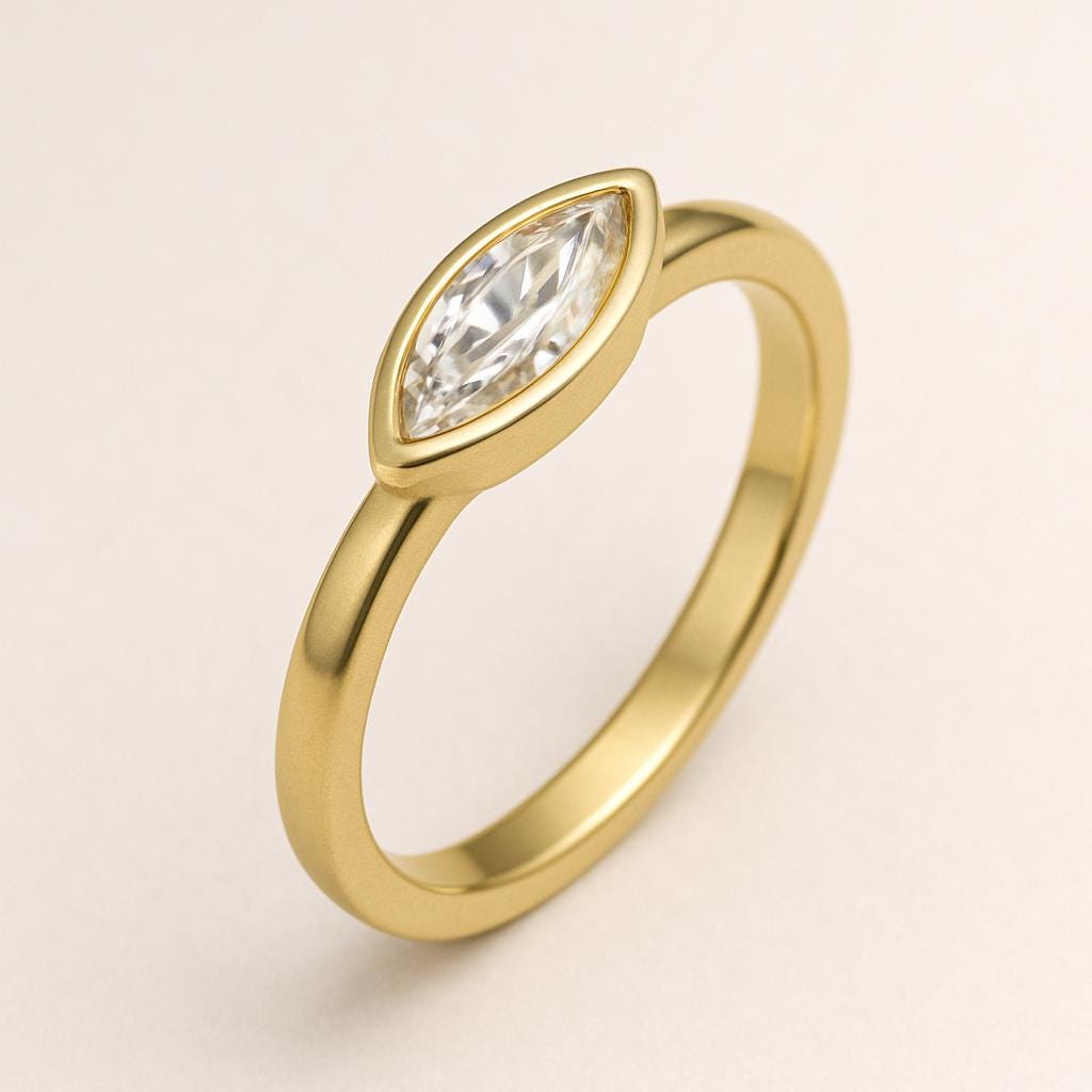 Marquise Moissanite Ring 925 Silver | Minimalist Bezel Set Engagement Ring | Dainty Modern Promise Jewelry