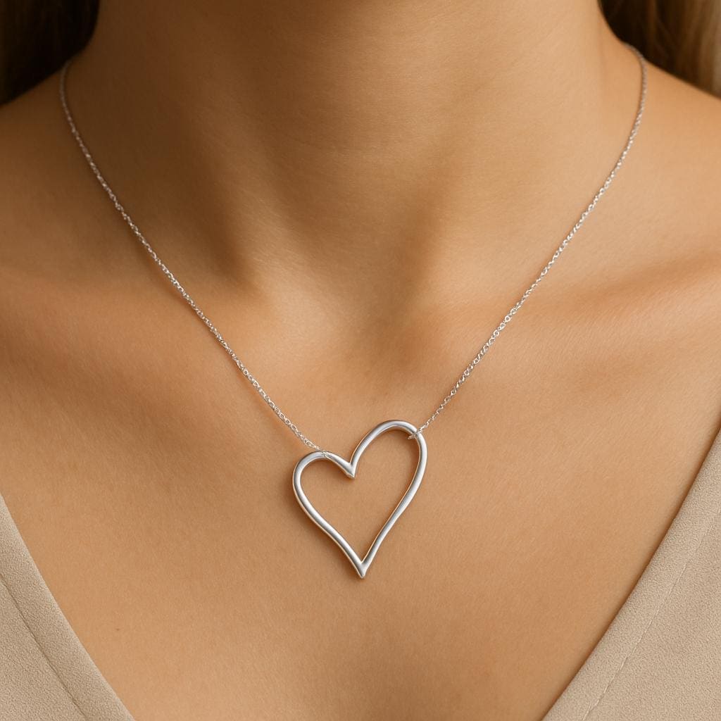 Sterling Silver Open Heart Pendant: Minimalist Wave Design Necklace