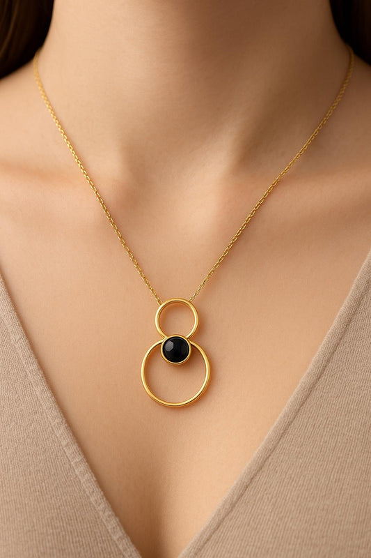 Onyx Silver Pendant 925 | Double Circle Necklace | Modern Minimalist Black Gem Jewelry Gift
