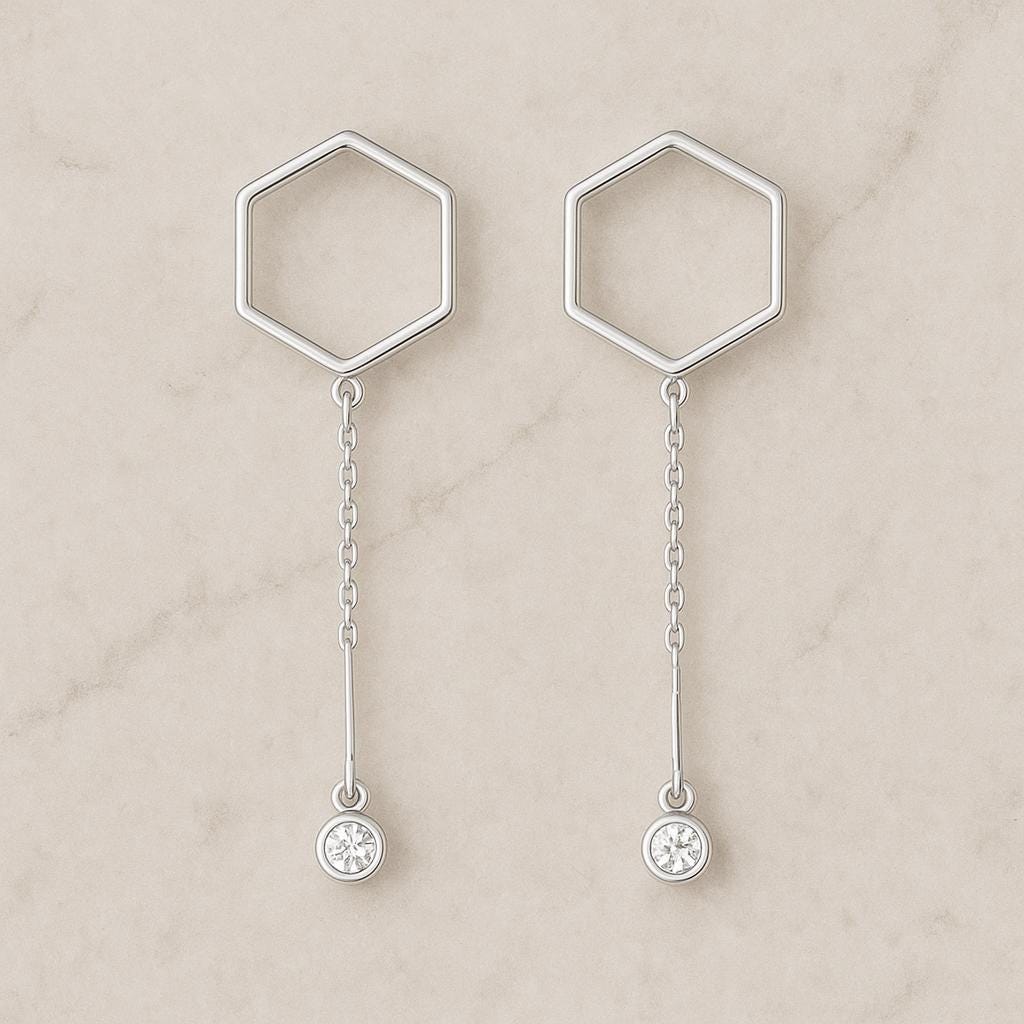 925 Silver Hexagon Earrings | CZ Dangle Drop Earrings | Minimalist Geometric Modern Jewelry Gift
