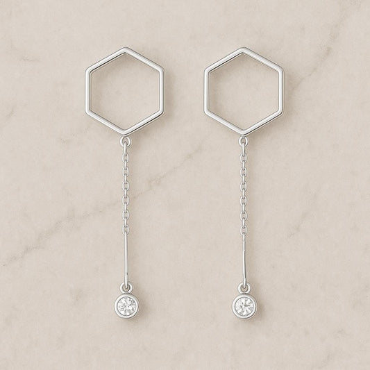 925 Silver Hexagon Earrings | CZ Dangle Drop Earrings | Minimalist Geometric Modern Jewelry Gift