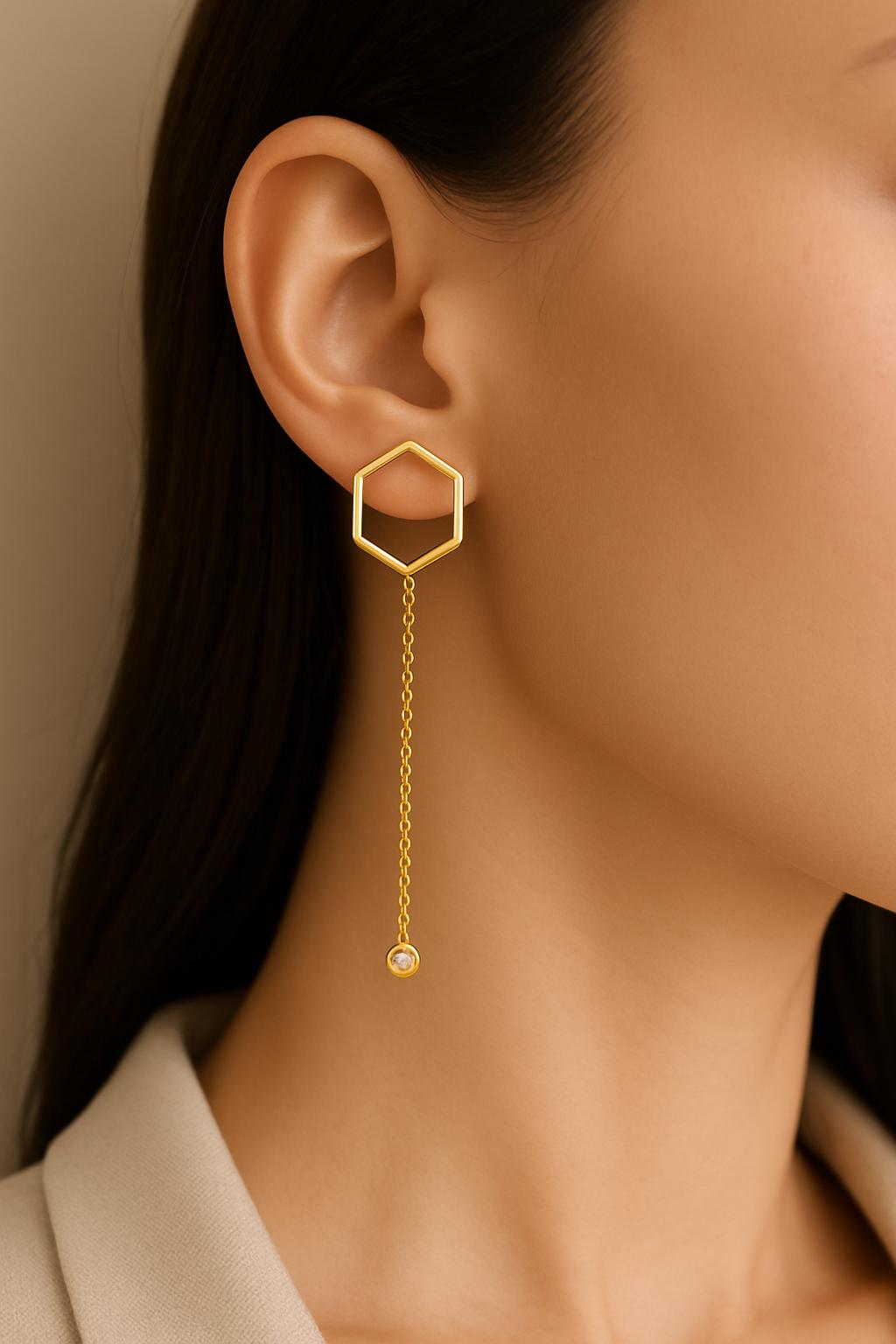 925 Silver Hexagon Earrings | CZ Dangle Drop Earrings | Minimalist Geometric Modern Jewelry Gift