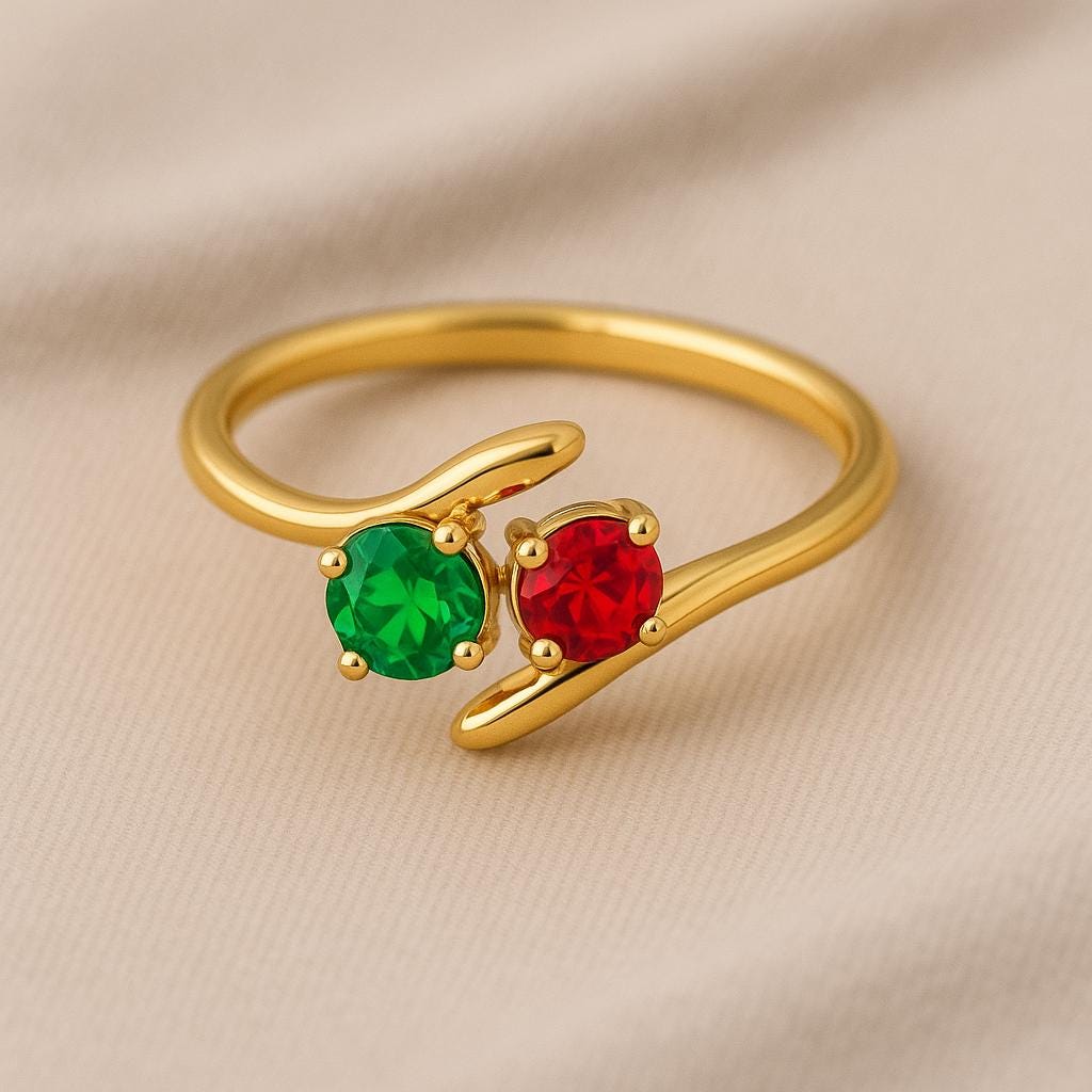 Sterling Silver Bypass Ring: Red & Green CZ, Adjustable Two Stone Design