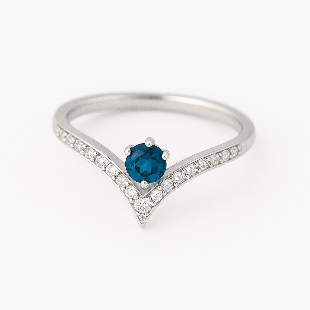 London Blue Topaz Ring Silver 925 | Chevron V Shape Band | Dainty Gemstone Promise Jewelry
