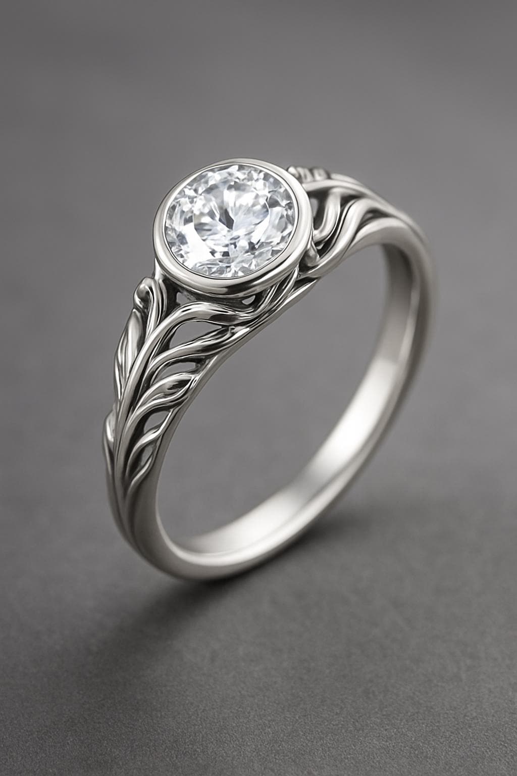 Sterling Silver CZ Engagement Ring: Leaf Design Solitaire