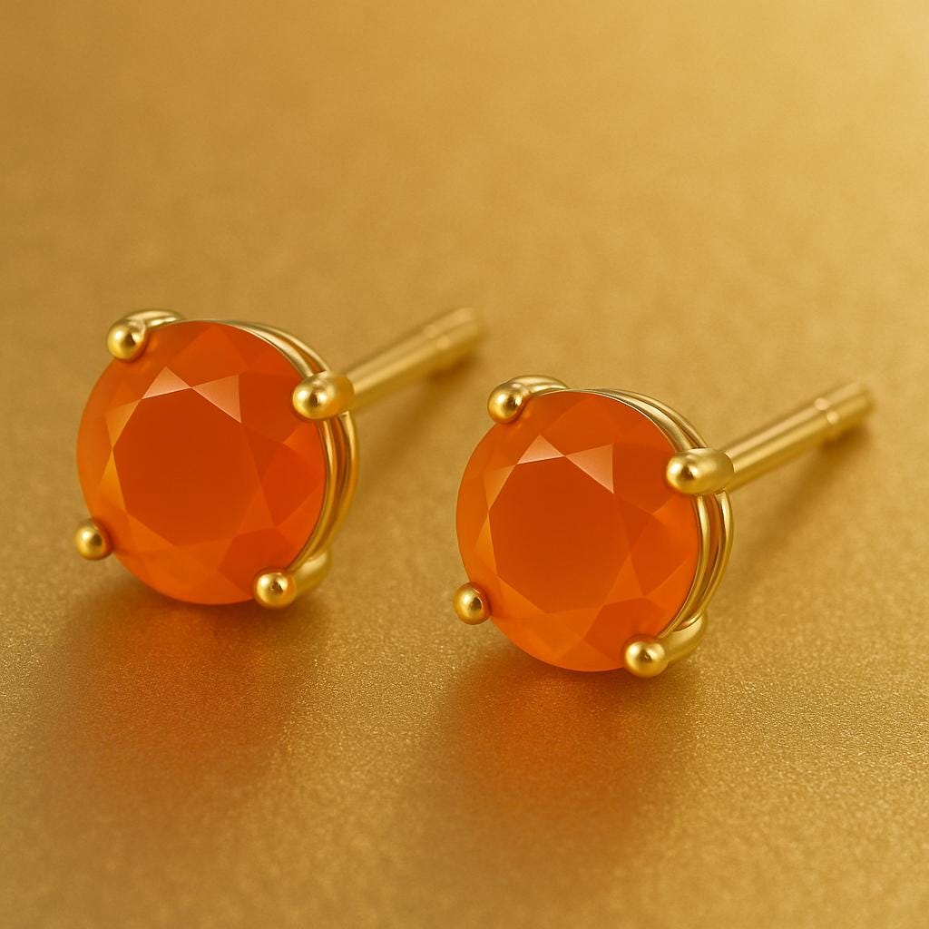 Orange Onyx Stud Earrings 925 Silver | Round Cut Gemstone Solitaire | Sterling Silver Jewelry Gift