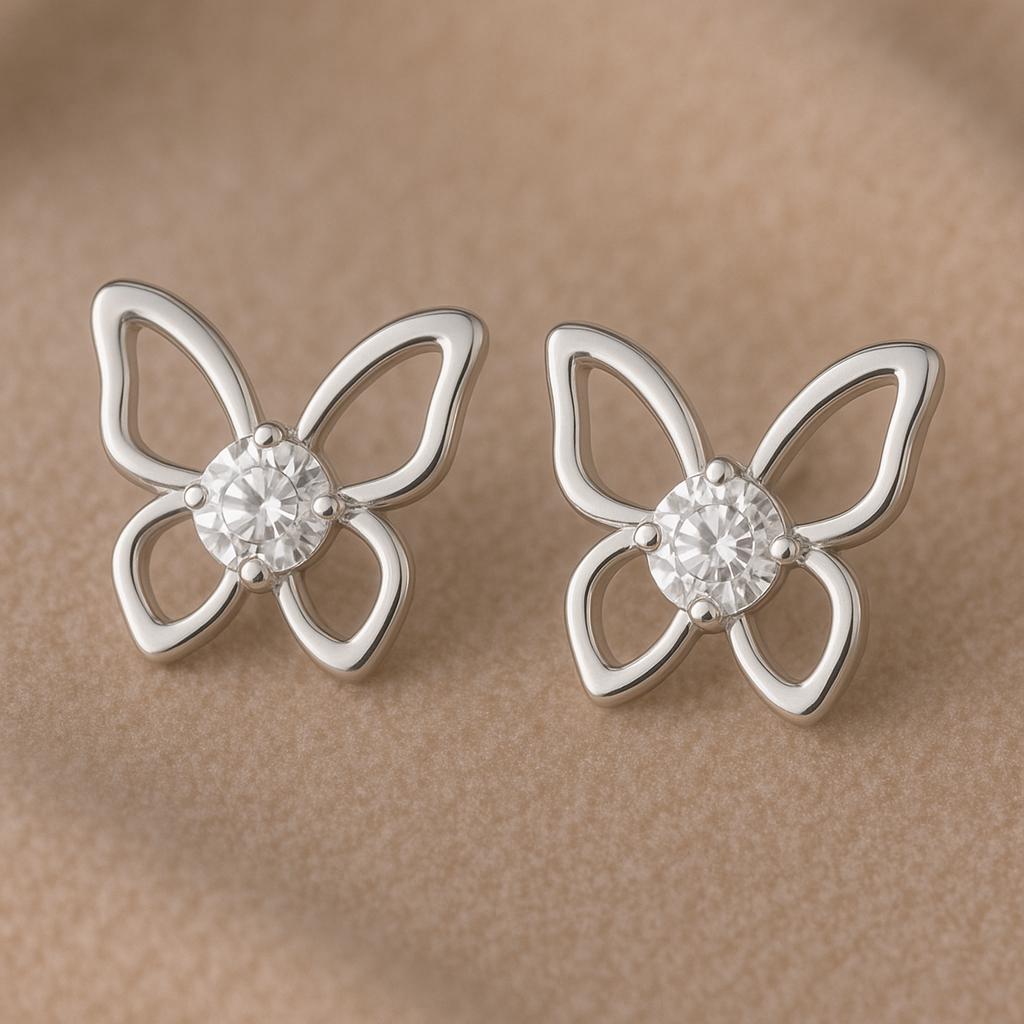 Sterling Silver Butterfly Stud Earrings | CZ Stone, Minimalist Jewelry