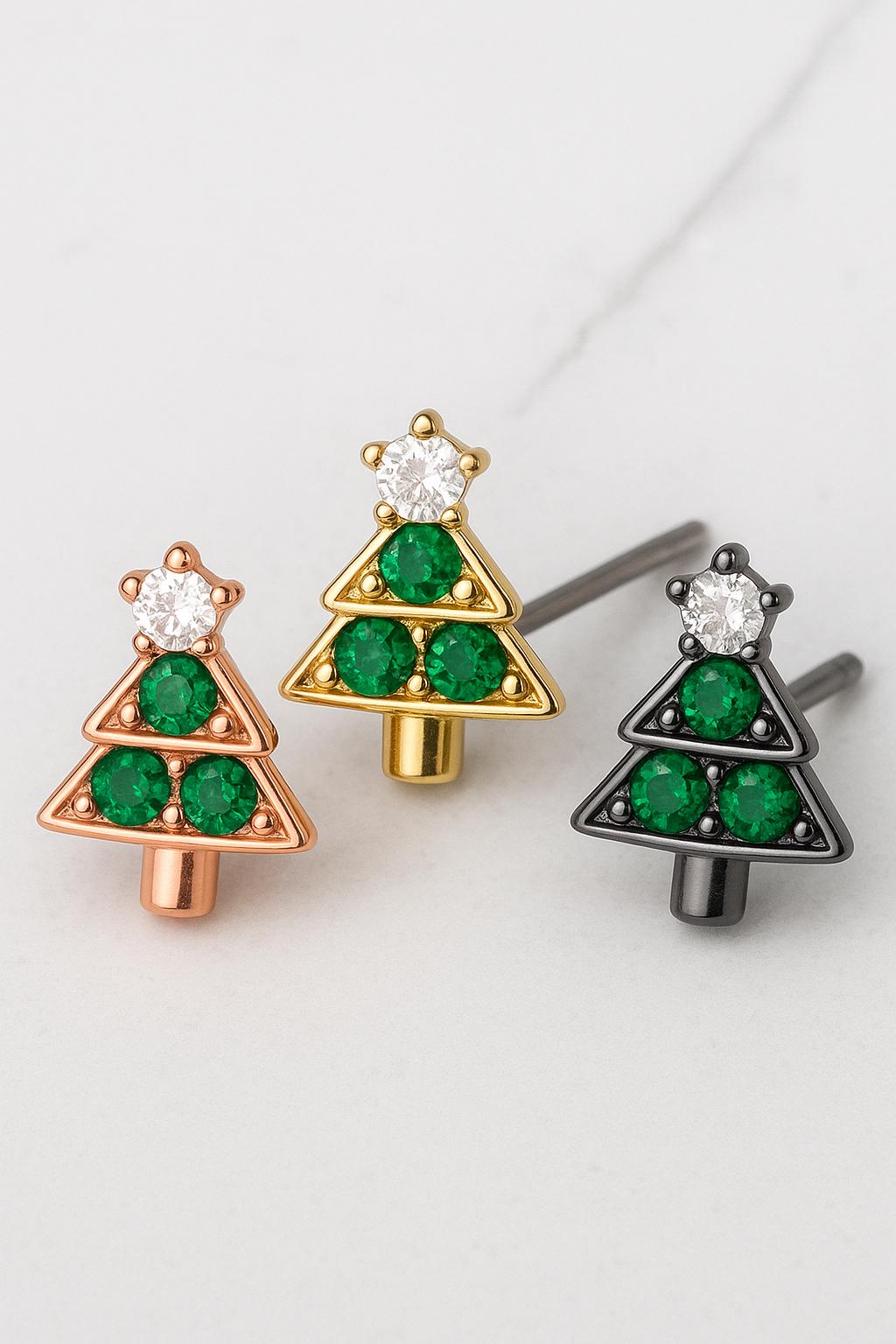 Sterling Silver 925 Christmas Tree Stud Earrings: Green & white CZ Gemstone Holiday Jewelry